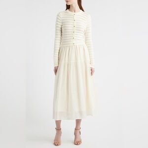 Mixed Media Long Sleeve Scallop Stitch Tiered Midi Dress Medium NWOT